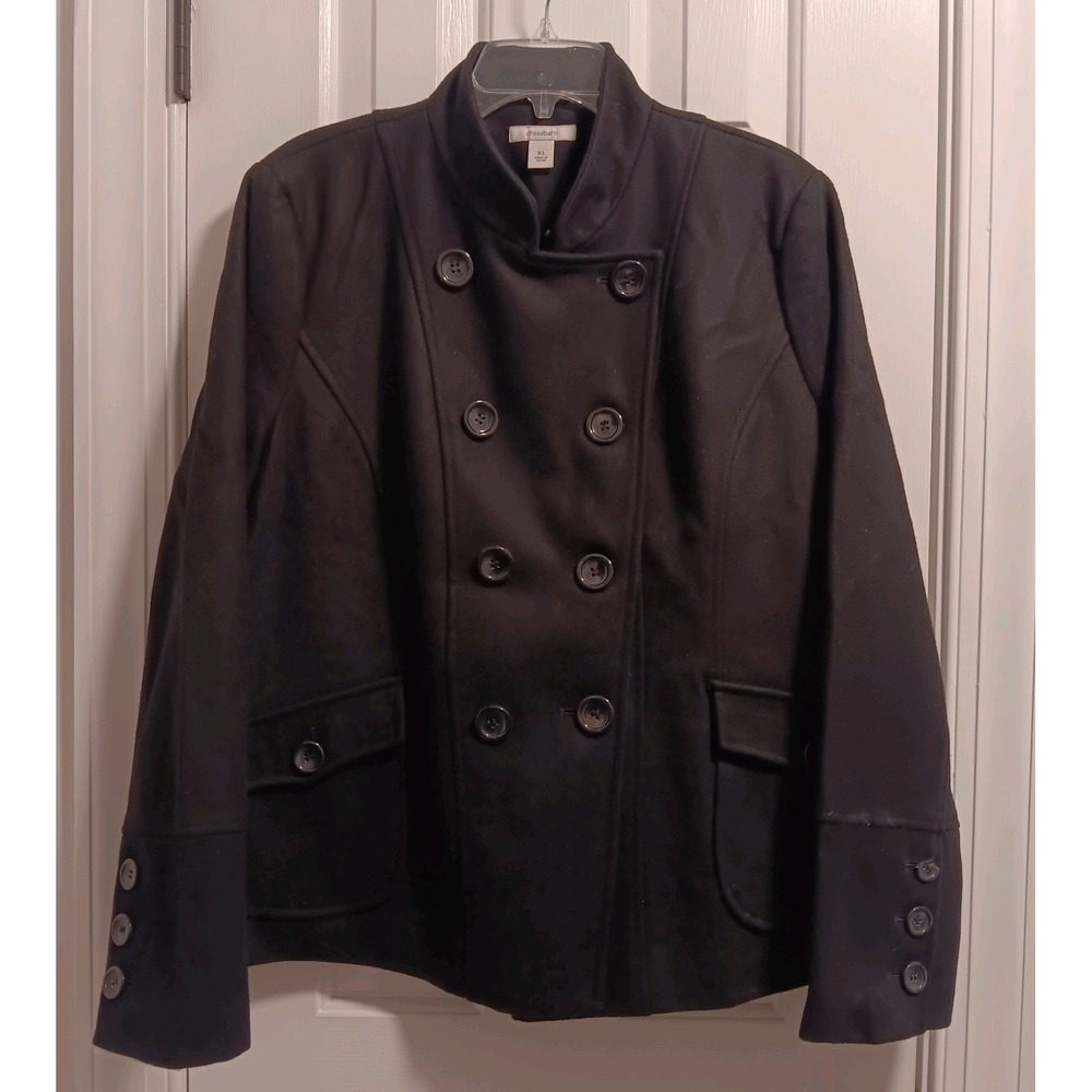 Dressbarn Peacoat Women's Wool Blend DBL Brested Lined XL Black Removable Collar